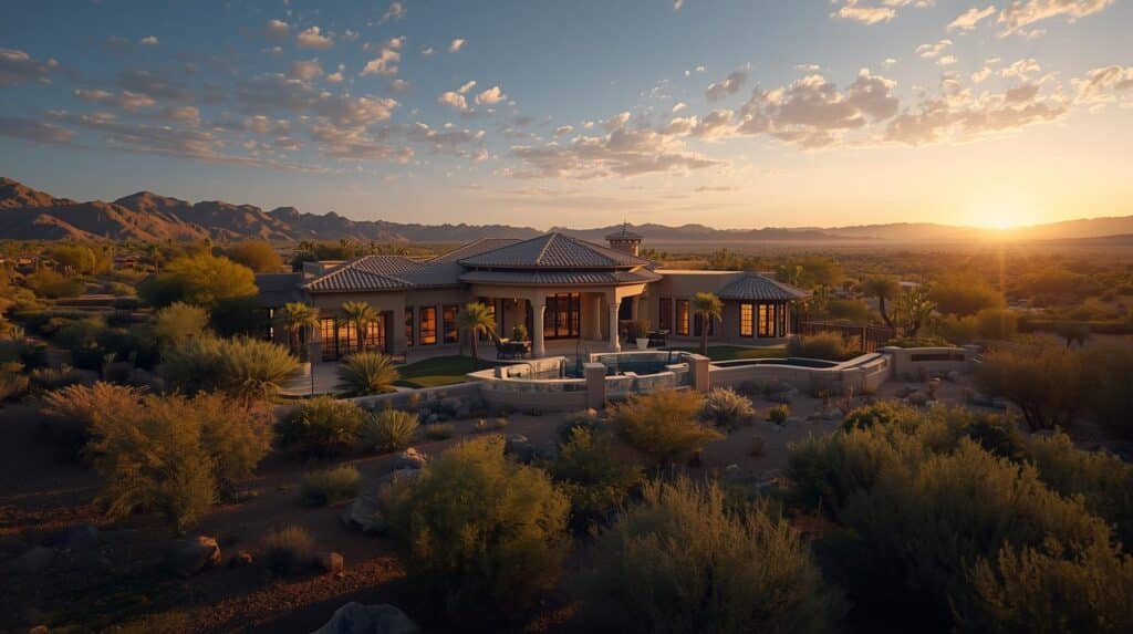 Luxury home inspection in Phoenix — panoramic view of a high-end desert estate at sunrise, showcasing the property’s elegant architecture and pristine condition